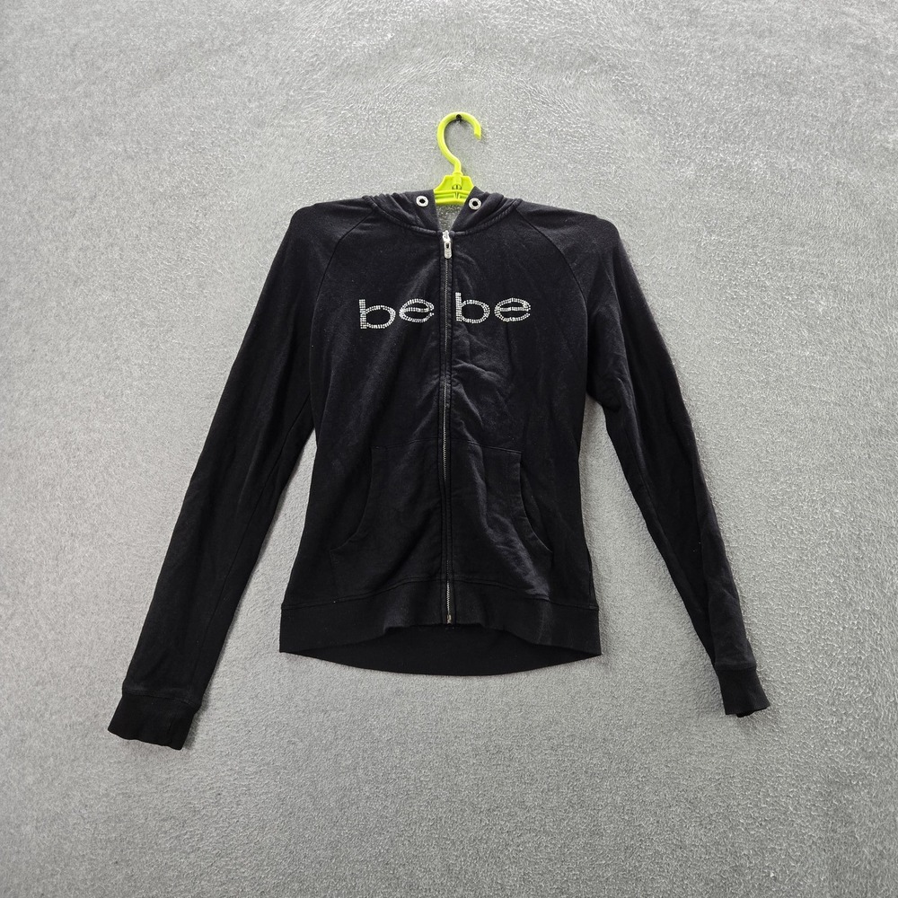Bebe Women Jacket S/P Black Logo Zipper Rhinestone Bling Long Sleeve READ